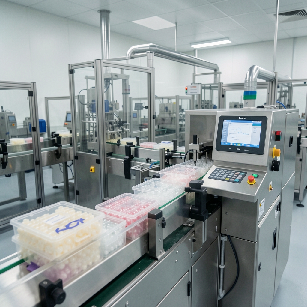 Saltora capsule production line showing encapsulation trays and batch coding process in a clean production environment
