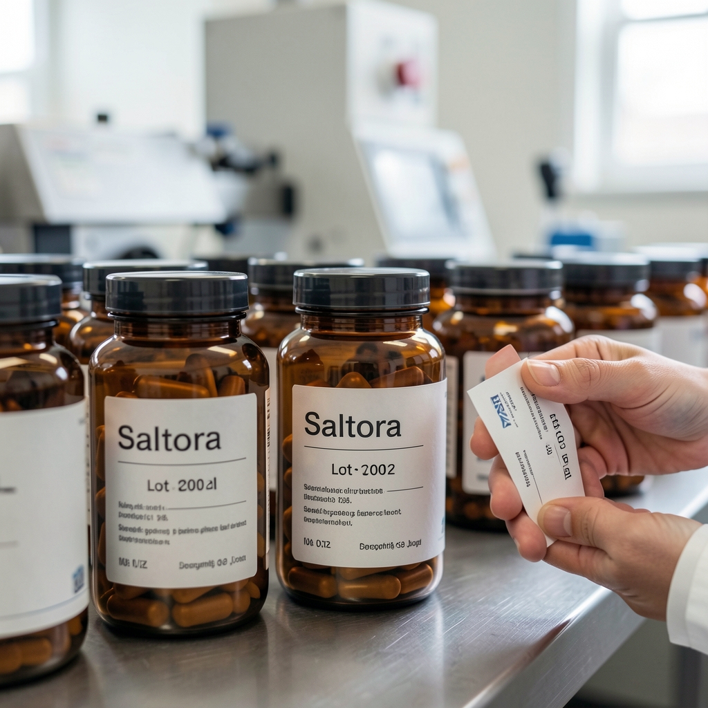 Saltora production workspace showing ingredient weighing and documentation process, clean quality-control environment with calibration equipment